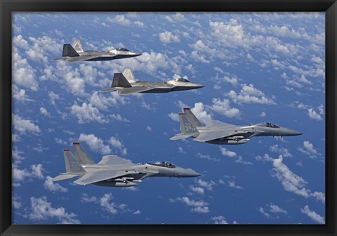 Framed F-15 Eagles and F-22 Raptors Fly in Formation Print