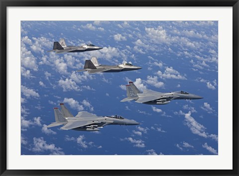 Framed F-15 Eagles and F-22 Raptors Fly in Formation Print