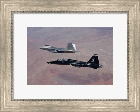 Framed F-22 Raptor and T-38 Talon Fly in Formation over New Mexico Print