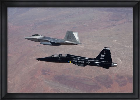 Framed F-22 Raptor and T-38 Talon Fly in Formation over New Mexico Print
