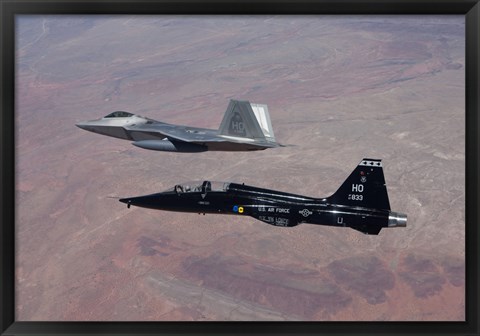 Framed F-22 Raptor and T-38 Talon Fly in Formation over New Mexico Print