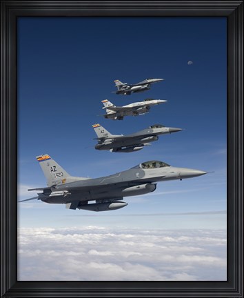 Framed Four F-16&#39;s Fly in Formation During a Training Mission Print