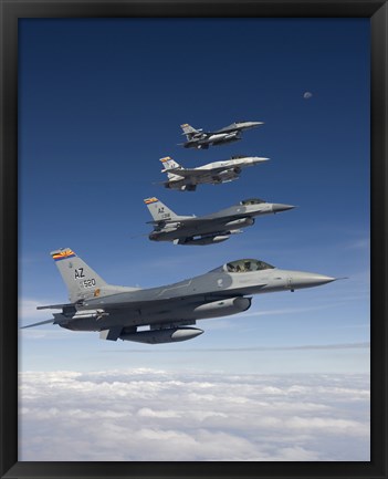 Framed Four F-16&#39;s Fly in Formation During a Training Mission Print