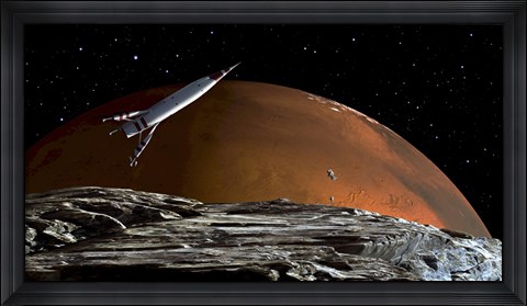 Framed Spaceship in Orbit over Mars Moon, Phobos Print