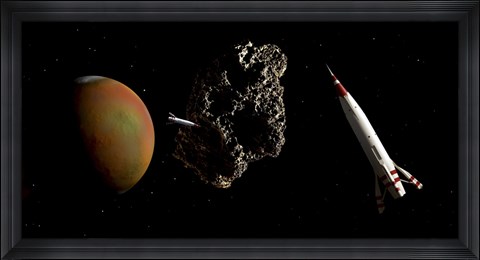 Framed Two 1950&#39;s Styled Spaceships Near Mars and its Moon Deimos Print