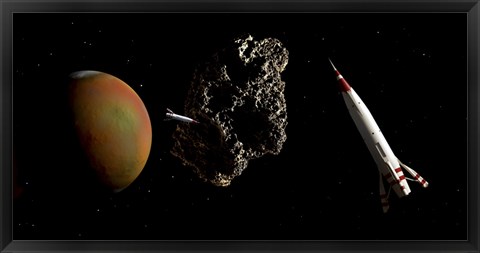 Framed Two 1950&#39;s Styled Spaceships Near Mars and its Moon Deimos Print