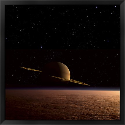 Framed Saturn Floats in the Background Above Titan Print