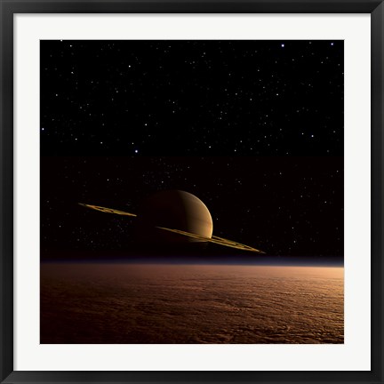 Framed Saturn Floats in the Background Above Titan Print