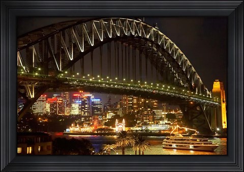 Framed Australia, NSW, Sydney Harbour Bridge, Tour Boat at Night Print