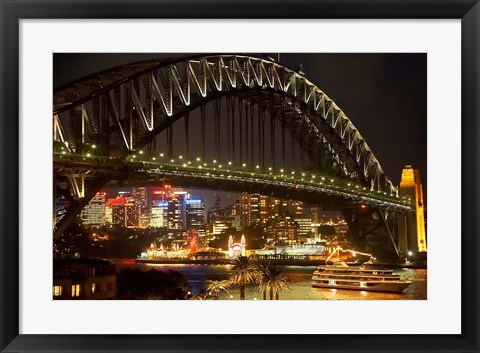 Framed Australia, NSW, Sydney Harbour Bridge, Tour Boat at Night Print