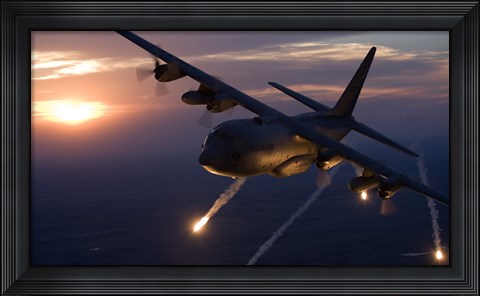 Framed C-130 Hercules Releases Flares over Kansas Print