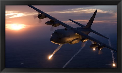 Framed C-130 Hercules Releases Flares over Kansas Print