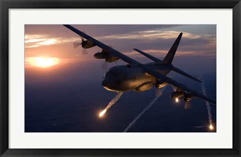 Framed C-130 Hercules Releases Flares over Kansas Print