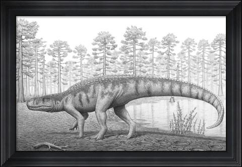 Framed Chirotherium Roams a Prehistoric Era Landscape Print