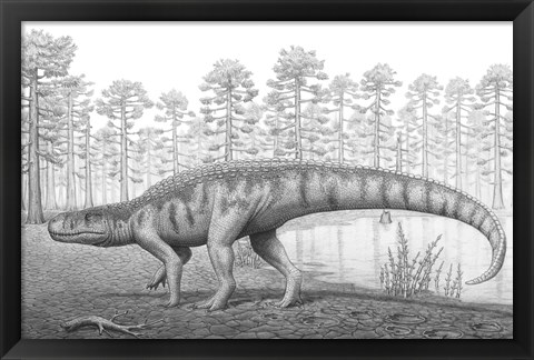 Framed Chirotherium Roams a Prehistoric Era Landscape Print