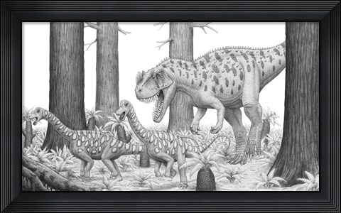 Framed Ceratosaurus Chasing Young Apatosaurus Dinosaurs Print