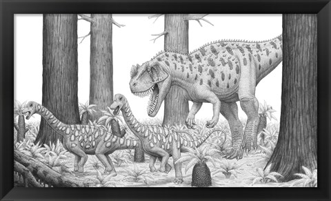 Framed Ceratosaurus Chasing Young Apatosaurus Dinosaurs Print