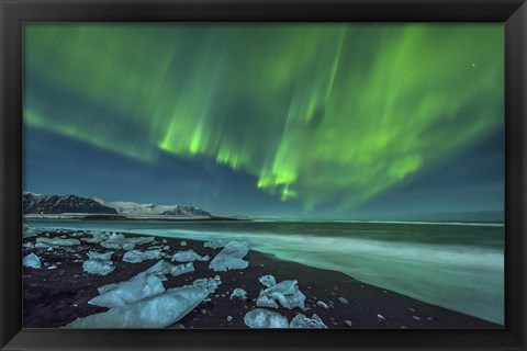 Framed Aurora Borealis over the Ice Beach near Jokulsarlon, Iceland Print