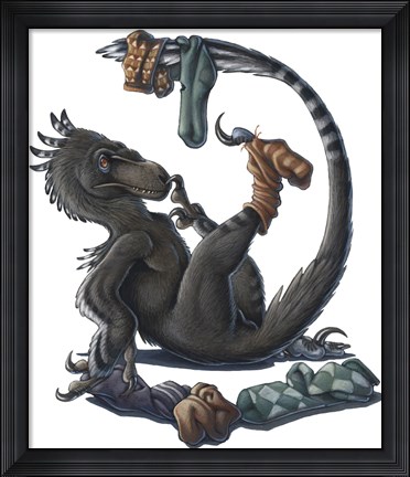 Framed Deinonychus Dinosaur Playing with Socks Print