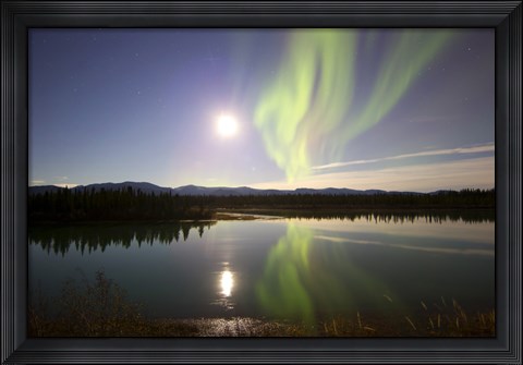 Framed Aurora Borealis with Full Moon over the Yukon River in Canada Print