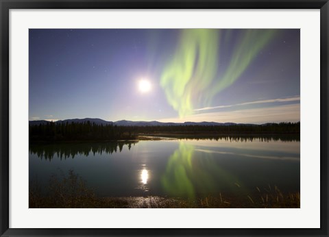 Framed Aurora Borealis with Full Moon over the Yukon River in Canada Print