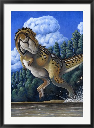 Framed Tyrannosaurus Rex rRunning through Water Print