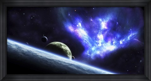 Framed Bird-shaped Nebula Watches over a Group of Planets Print