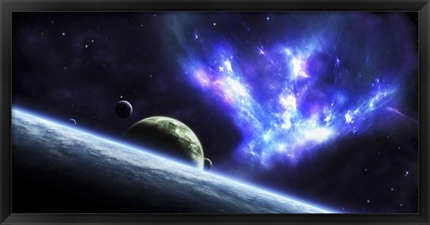 Framed Bird-shaped Nebula Watches over a Group of Planets Print