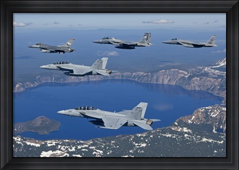 Framed Five Ship Aircraft Formation Flies over Crater Lake, Oregon Print