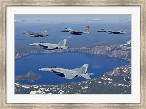 Framed Five Ship Aircraft Formation Flies over Crater Lake, Oregon Print