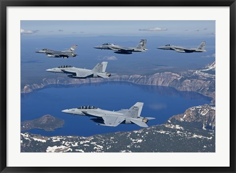 Framed Five Ship Aircraft Formation Flies over Crater Lake, Oregon Print