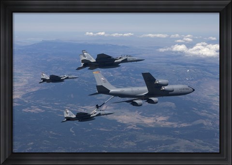 Framed KC-135R Stratotanker RefuelsTthree F-15 Eagles Print