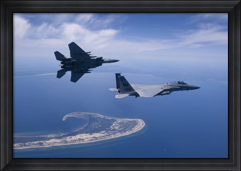 Framed Two F-15 Eagles Fly High over Cape Cod, Massachusetts Print