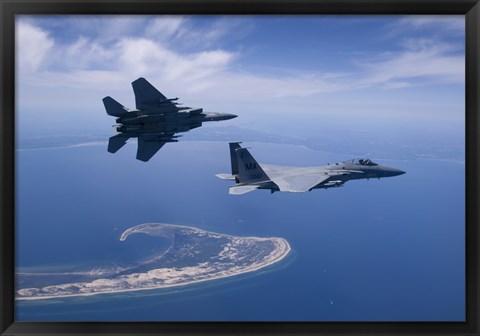 Framed Two F-15 Eagles Fly High over Cape Cod, Massachusetts Print