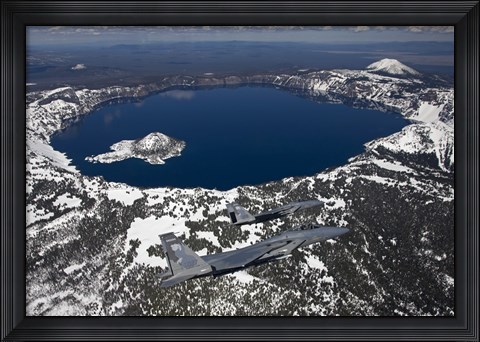 Framed Two F-15 Eagles Fly over Crater Lake in Central Oregon Print