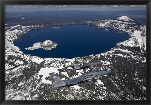Framed Two F-15 Eagles Fly over Crater Lake in Central Oregon Print
