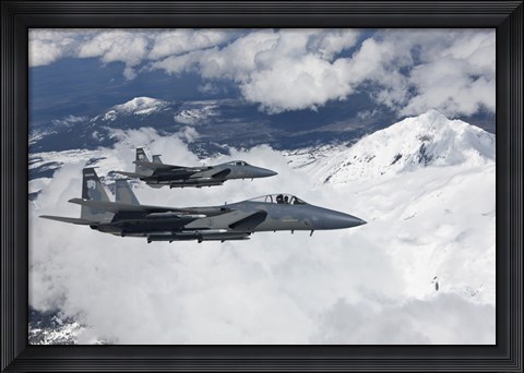 Framed Two F-15 Eagles Fly Past Snow Capped Peaks in Central Oregon Print