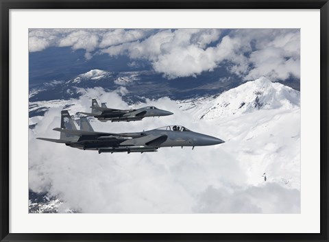 Framed Two F-15 Eagles Fly Past Snow Capped Peaks in Central Oregon Print