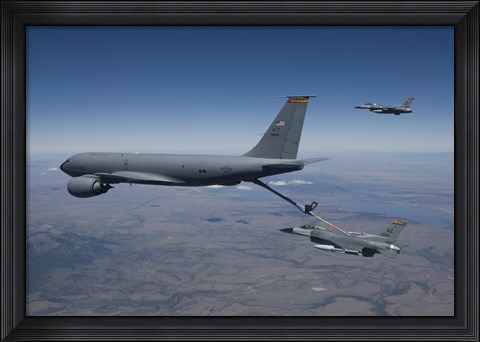 Framed Two F-16 Fighting Falcons Conduct Aerial Refueling with KC-135 Stratotanker Print