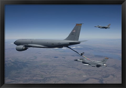 Framed Two F-16 Fighting Falcons Conduct Aerial Refueling with KC-135 Stratotanker Print