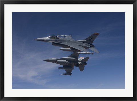 Framed Two F-16&#39;s Manuever on Air-to-Air Training Mission Print