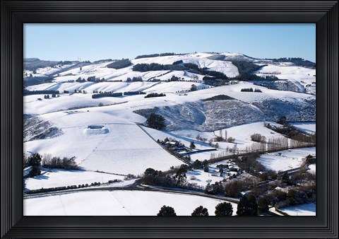 Framed Winter snow near Invermay Research Centre, Taieri Plain, South Island, New Zealand Print