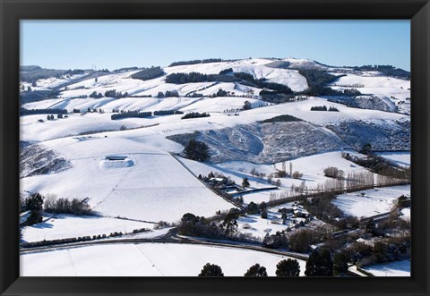 Framed Winter snow near Invermay Research Centre, Taieri Plain, South Island, New Zealand Print