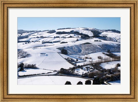 Framed Winter snow near Invermay Research Centre, Taieri Plain, South Island, New Zealand Print