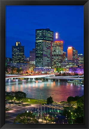 Framed Australia, Queensland, Brisbane, City Skyline  at night Print