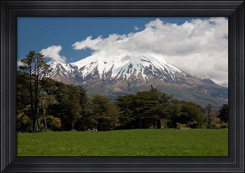 Framed View of volcanic mountain Mt Taranaki, North Island, New Zealand Print