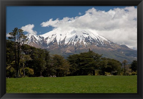Framed View of volcanic mountain Mt Taranaki, North Island, New Zealand Print