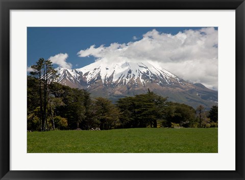 Framed View of volcanic mountain Mt Taranaki, North Island, New Zealand Print