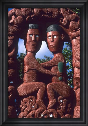 Framed Native Maori, Wooden Tribal Statue, Maori Arts and Crafts Institute, New Zealand Print
