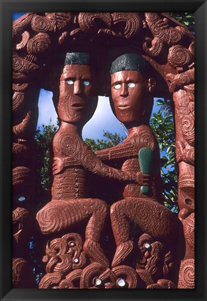 Framed Native Maori, Wooden Tribal Statue, Maori Arts and Crafts Institute, New Zealand Print